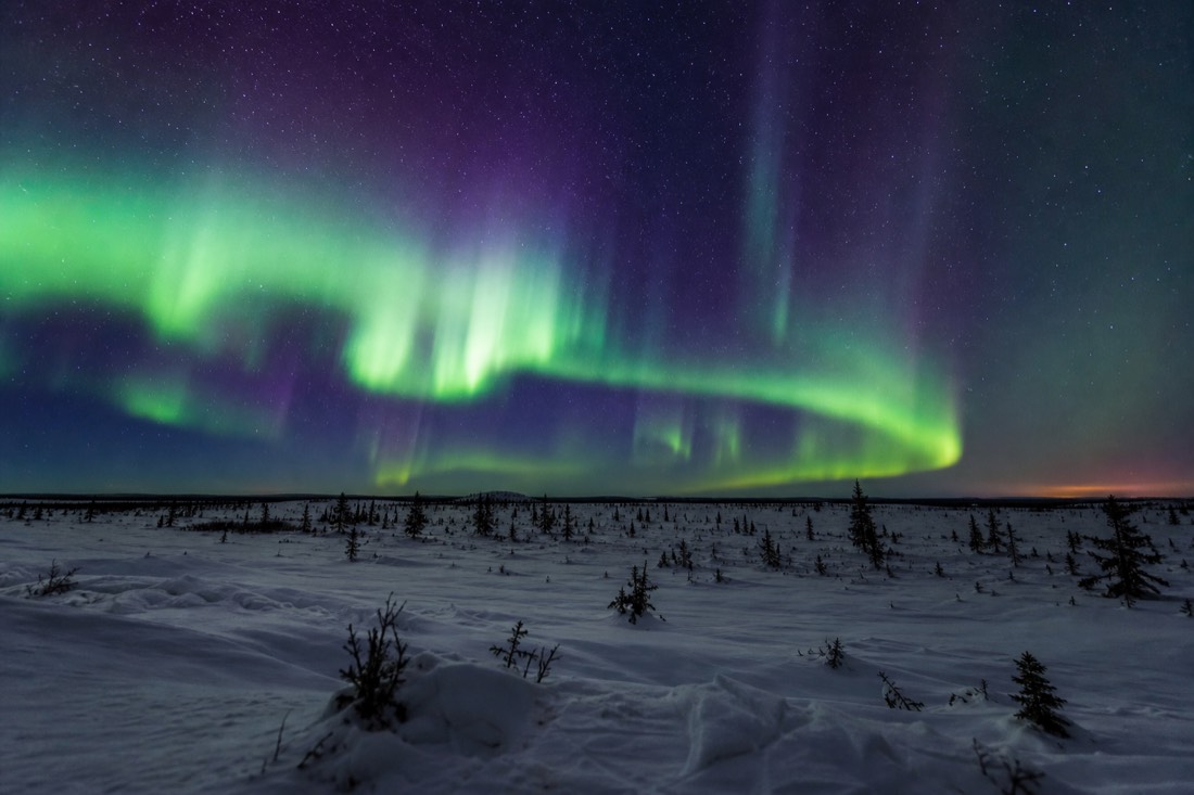 Green and violet aurora curtains above a flat treeless snow plain in northern Canada