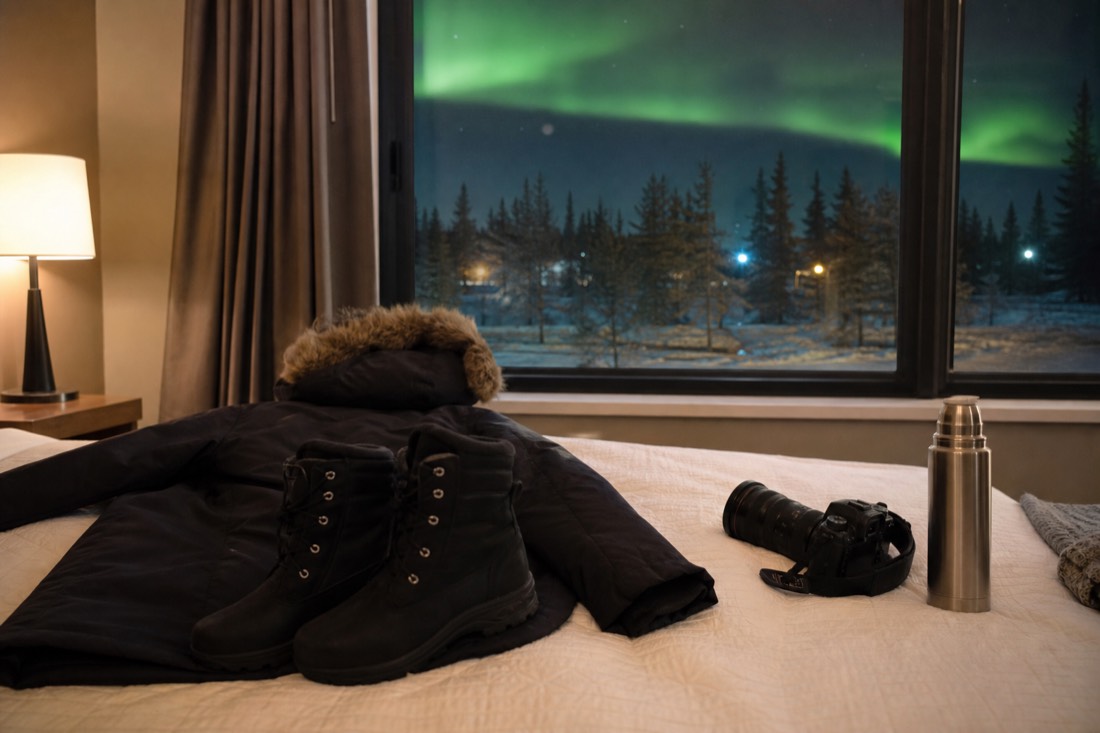 Rental parka and boots laid out on a hotel bed next to a camera and thermos in Yellowknife