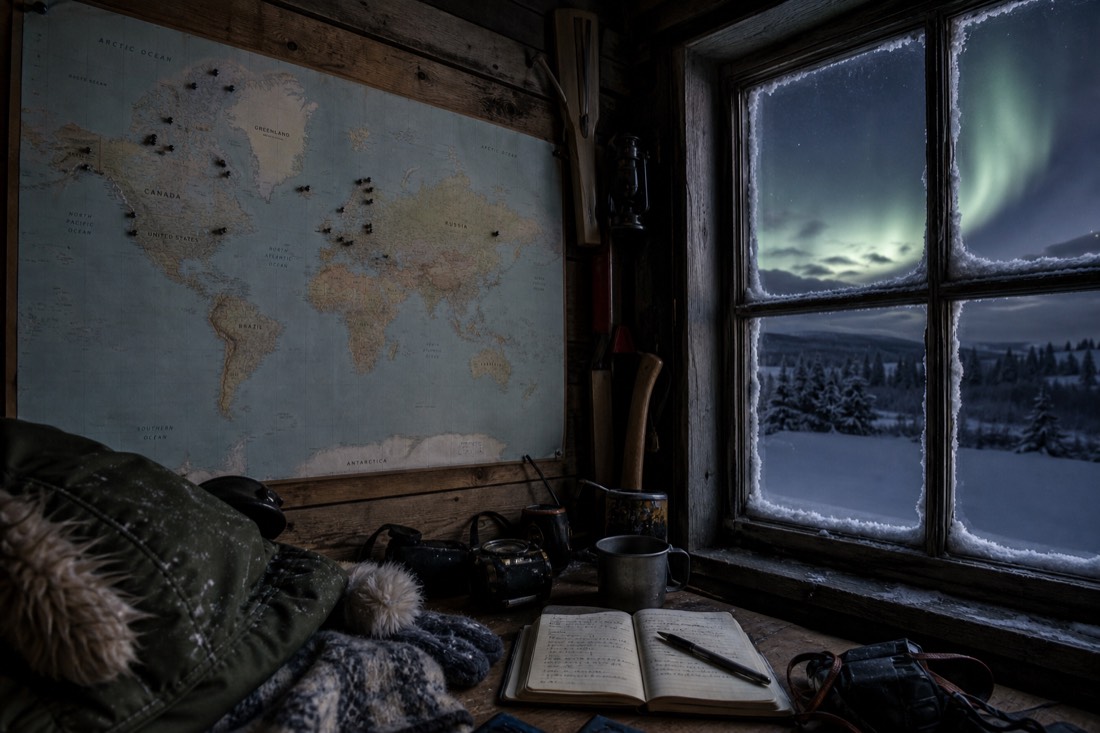 World map style spread of northern destinations pinned on a wall beside winter gear and a notebook