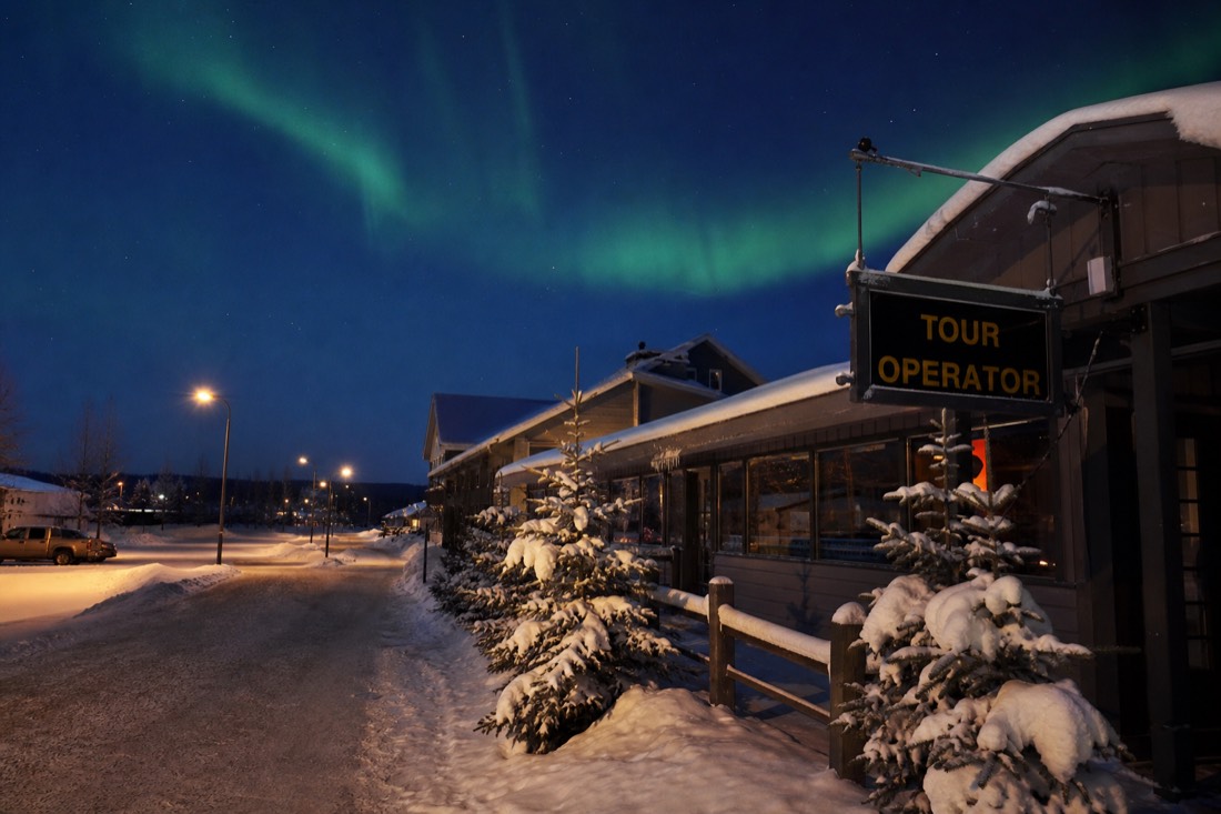 Northern town street at blue hour with tour operator signage and snow piled along the sidewalk
