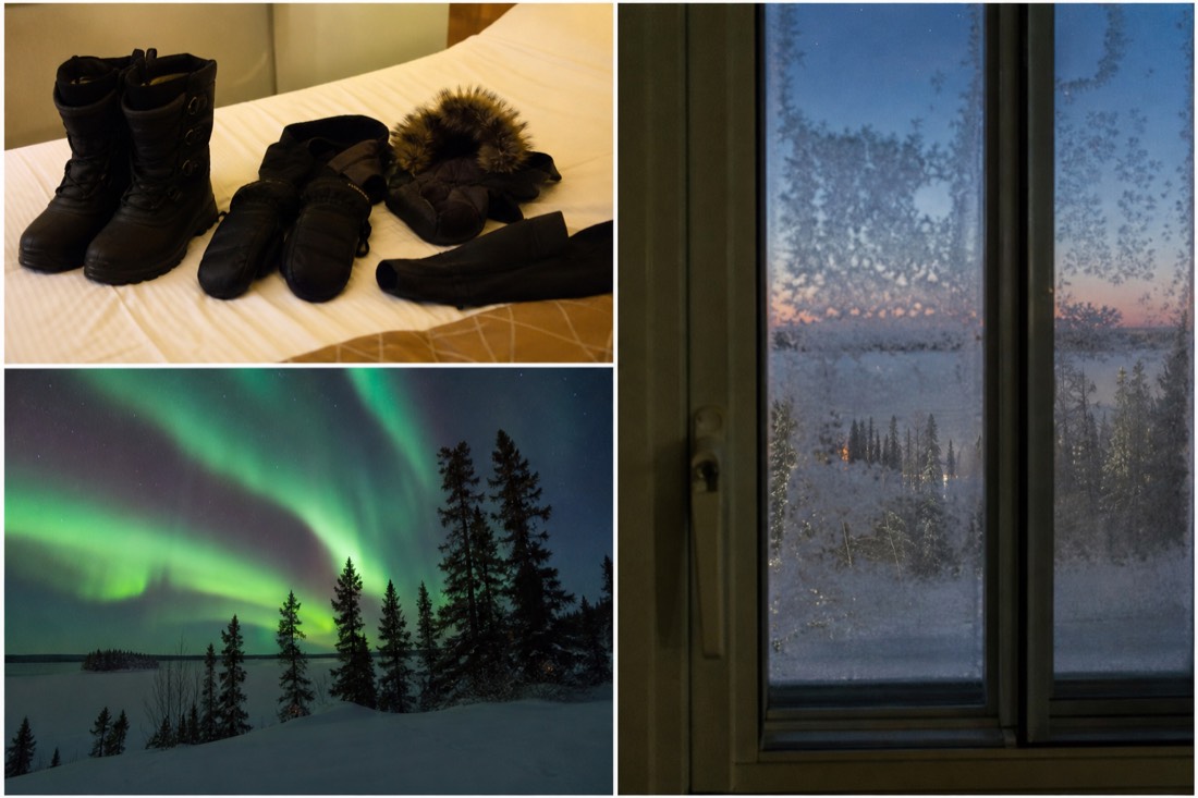 Rented arctic parka boots and mitts laid out on a bed in a Yellowknife hotel room with frost on the window