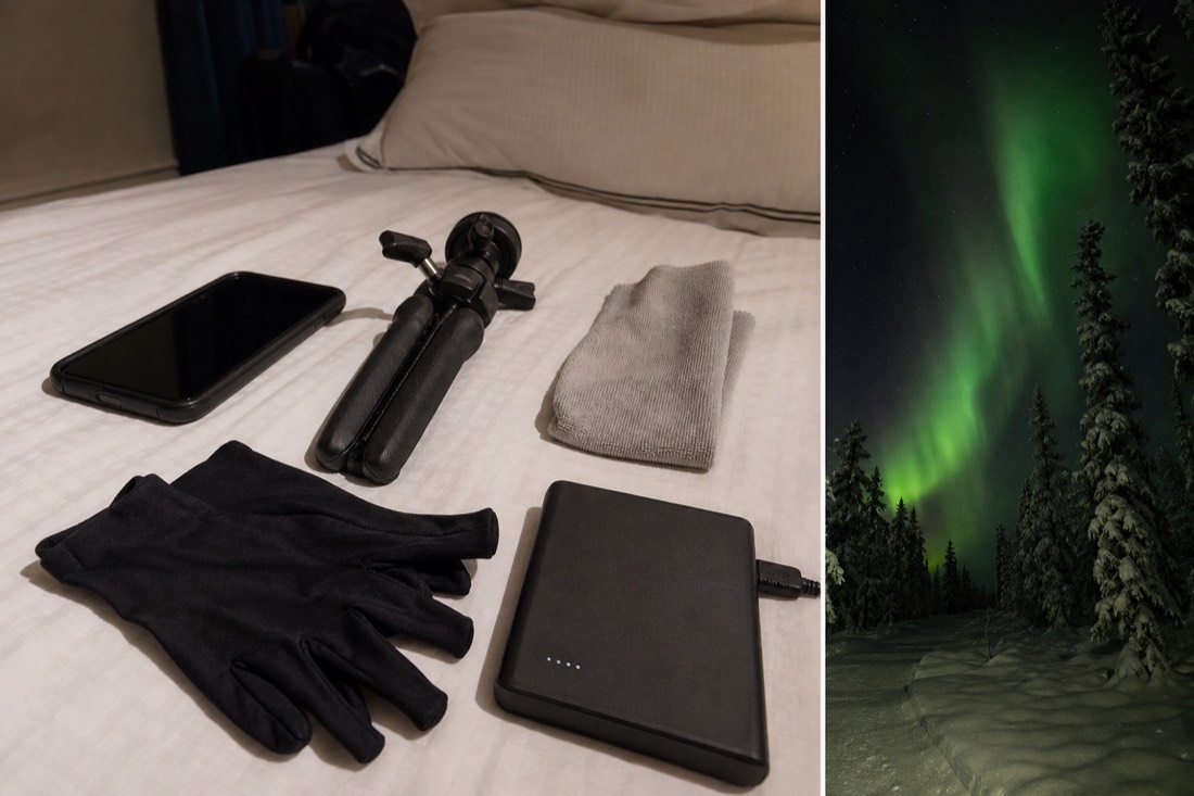 Phone, mini tripod, microfibre cloth, battery pack and thin liner gloves laid out on a hotel bed before a night tour