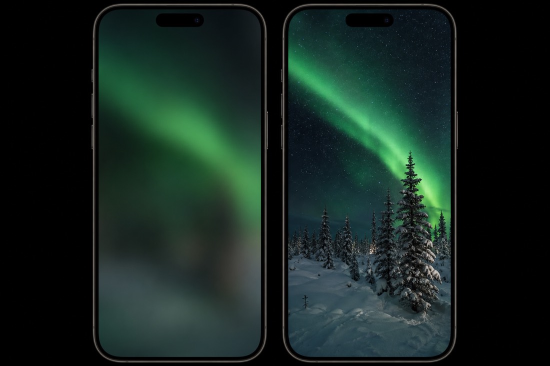 Two phone frames side by side, one a blurred green smear and one a sharp aurora band over spruce trees