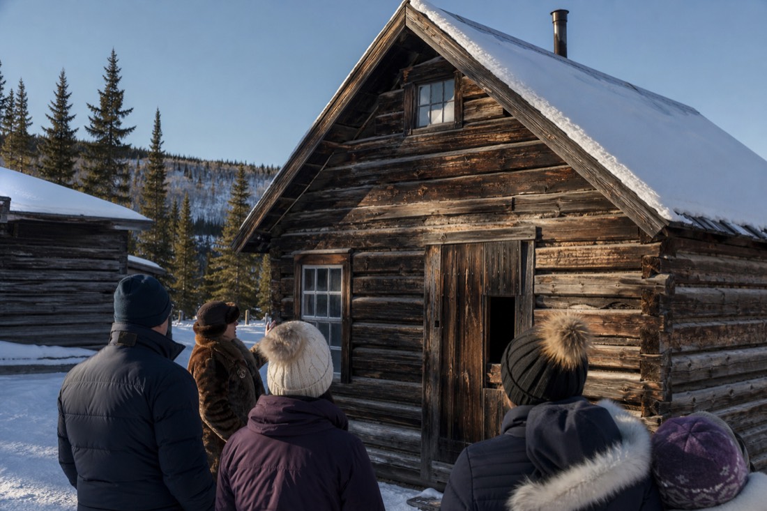 Small group of visitors listening to a guide beside weathered gold-rush cabins in Old Town on a bright cold afternoon