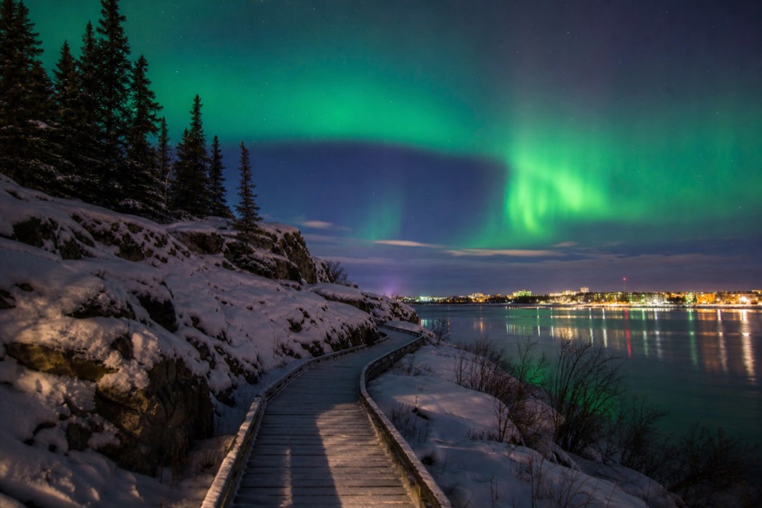 Boardwalk section of a lakeside trail winding through spruce and bare rock on the edge of downtown Yellowknife