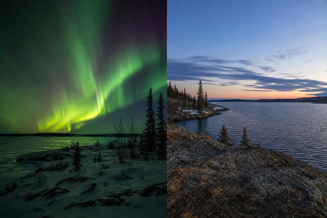 Split scene of a dark early April aurora night and a bright late April evening over the same Yellowknife shoreline