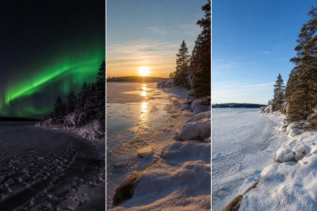 Three-panel winter comparison of the same frozen bay under January darkness, February low sun and bright March afternoon