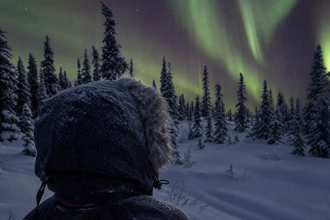 Frost-covered parka hood and eyelashes on a traveler standing outdoors in deep January cold near Yellowknife