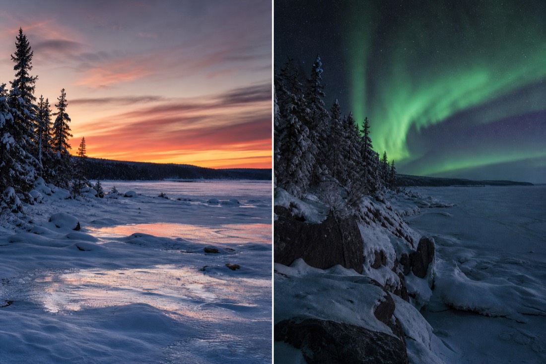 Two-panel winter scene showing a November dusk and a darker December afternoon over the same frozen bay
