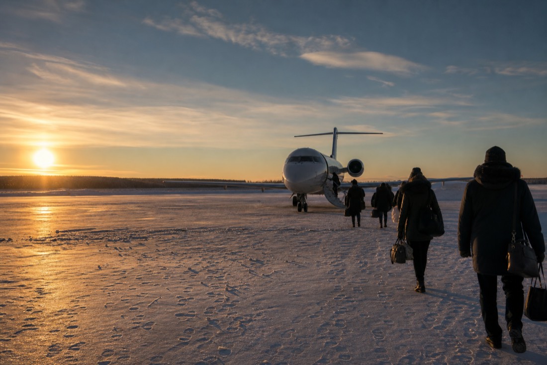 Passengers walking across a snowy apron to a northern jet under low winter sun