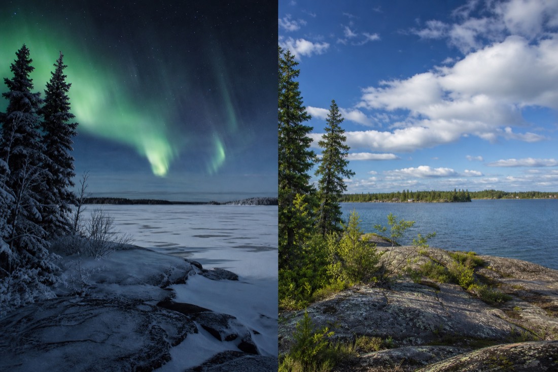 Split scene of Yellowknife in deep frozen winter and bright green summer along the same lakeshore
