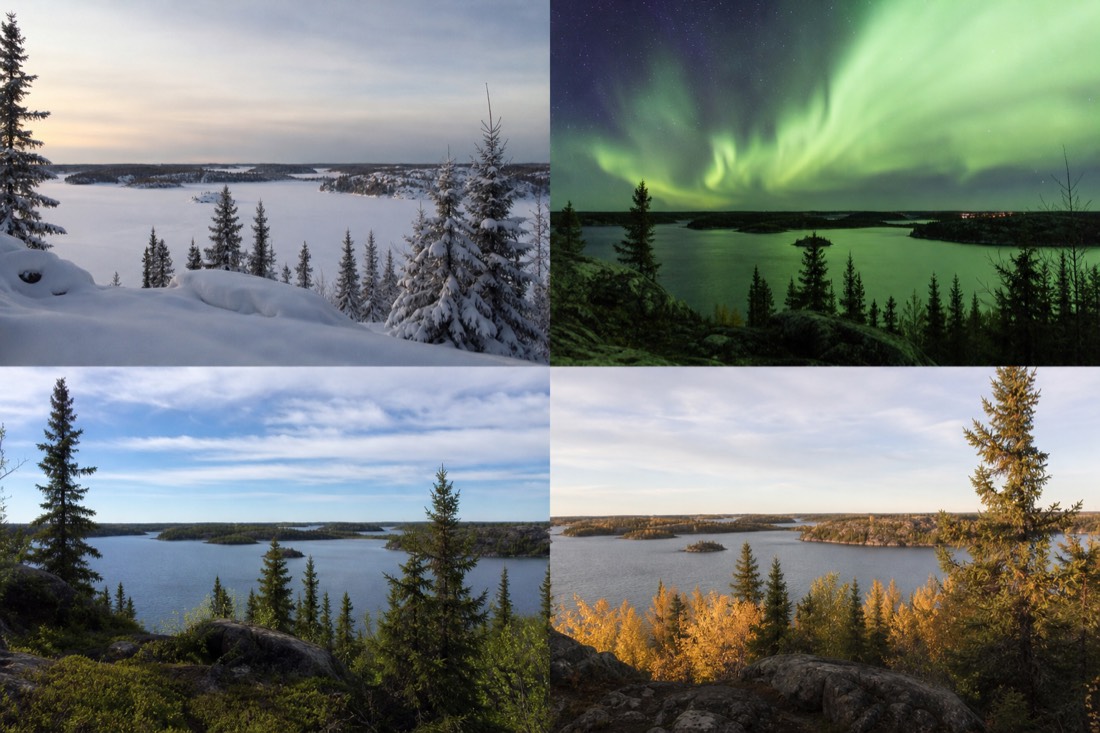 Calendar-like series of the same Yellowknife lake view across four seasons from deep snow to open blue water